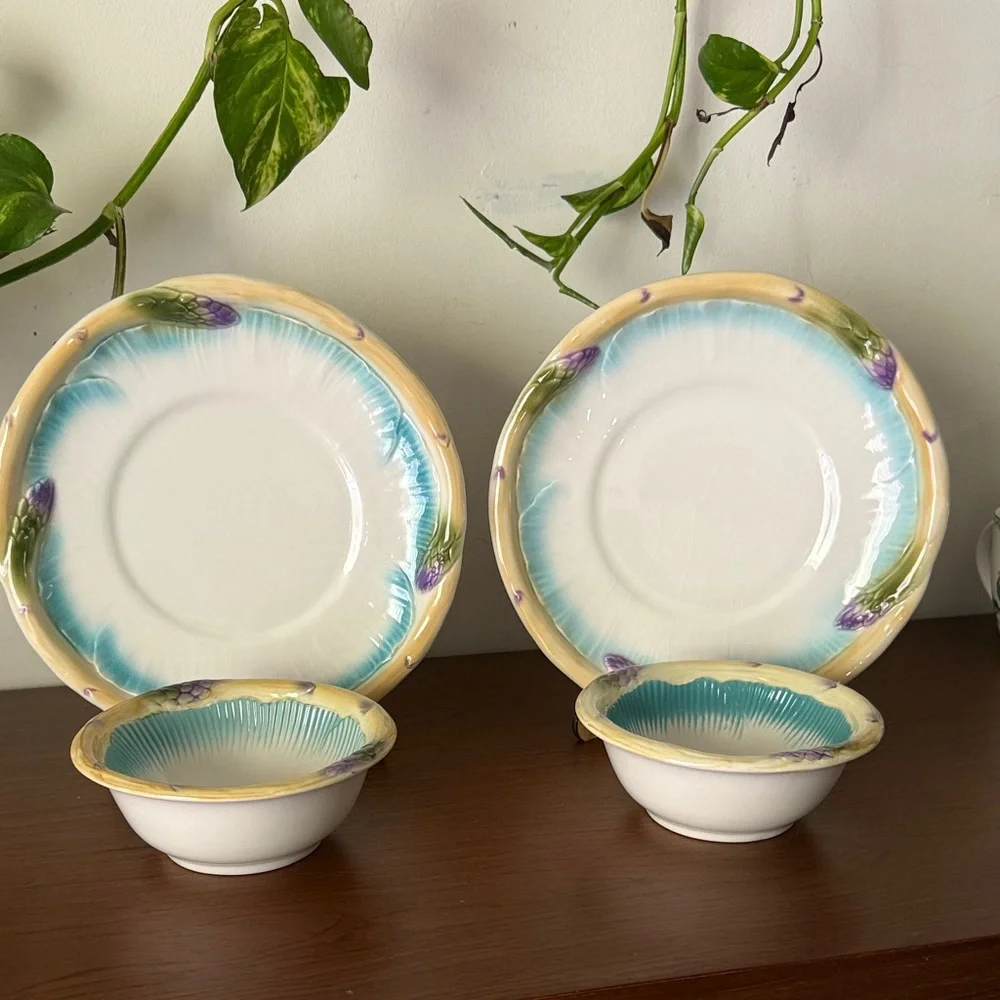 Pair Asparagus Plates and Matching Individual Dressing Bowls
